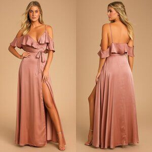 Lulu's Dress Moriah Rose Pink Satin Wrap Maxi Dress Cold Shoulder Size Small